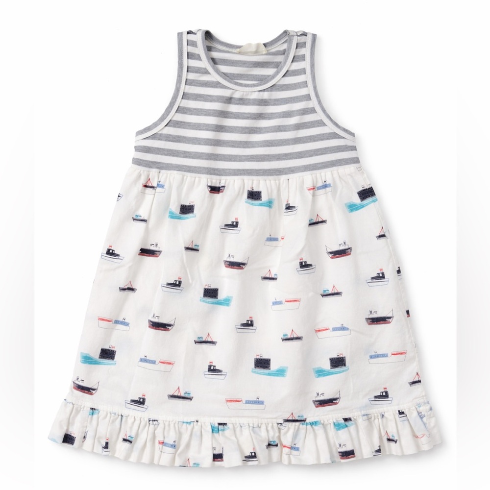 Striped Tank Top & Boat Print Girls' Casual Dress - White & Gray
